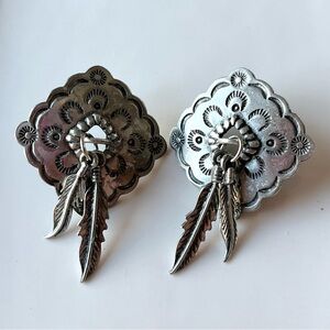 Vintage JJ Jonette 1988 Silver Metal Southwest Earrings Dangle Feather